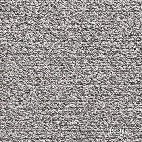 Close-up of gray textured carpet with 'Pebble' label