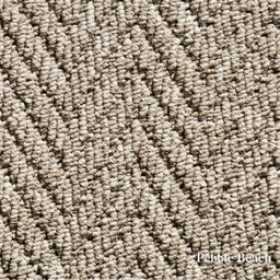 Close-up of textured beige carpet with 'Pebble Beach' label