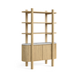 The Phoenix Bookcase in oak offers a marble top, 3 open shelves and 2 lower cabinets, combining stylish display with hidden storage for modern living spaces