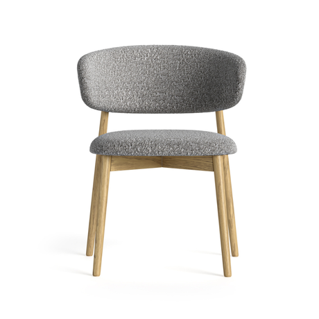 The Phoenix Boucle Dining Chair in White & Grey features soft boucle, curved design & light oak frame to combine comfort, elegance & timeless craftsmanship