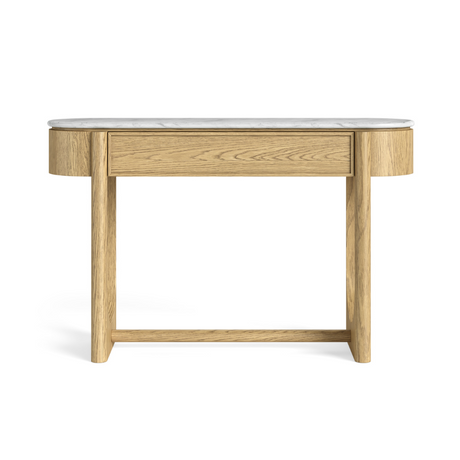 The Phoenix Console Table features a marble top and sculptural oak base, making this an elegant space saving design perfect for hallways or entryways