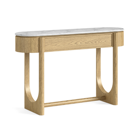 The Phoenix Console Table features a marble top and sculptural oak base, making this an elegant space saving design perfect for hallways or entryways