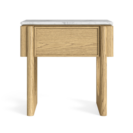 The Phoenix Lamp Table features a marble top, oak finish and drawer that combines modern style with everyday function, perfect for living or dining rooms