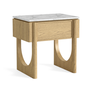 The Phoenix Lamp Table features a marble top, oak finish and drawer that combines modern style with everyday function, perfect for living or dining rooms