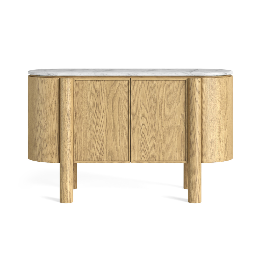 The Phoenix Small Sideboard in oak features a marble top with 2 spacious cabinets, sleek storage and modern style for living and dining rooms