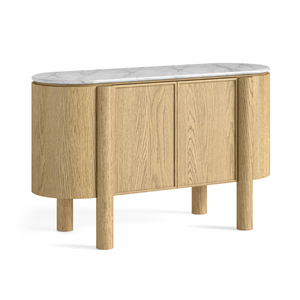The Phoenix Small Sideboard in oak features a marble top with 2 spacious cabinets, sleek storage and modern style for living and dining rooms