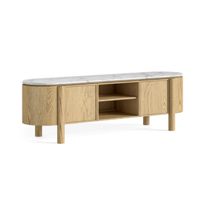 The Phoenix Small TV Unit features a marble top, shelves and side cabinets along with an oak finish for an elegant design with smart storage spaces