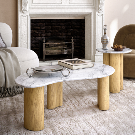 The Phoenix Tear Drop Coffee Table with marble top and oak legs, where organic design meets timeless elegance for a standout living room centrepiece