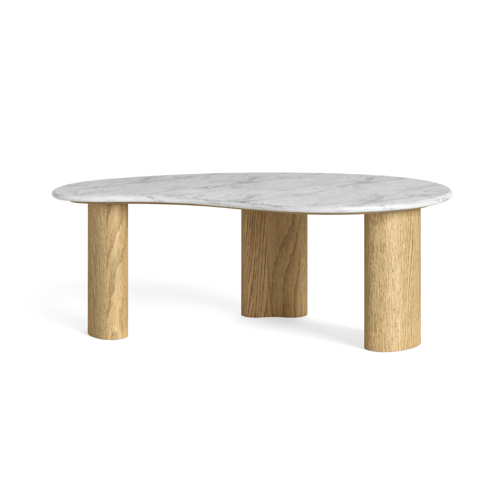 The Phoenix Tear Drop Coffee Table with marble top and oak legs, where organic design meets timeless elegance for a standout living room centrepiece