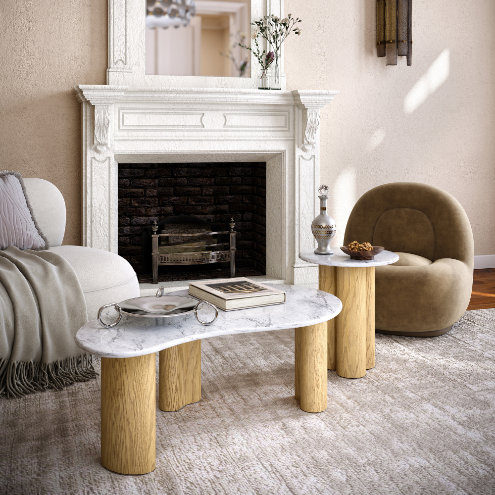 The Phoenix Tear Drop Coffee Table with marble top and oak legs, where organic design meets timeless elegance for a standout living room centrepiece