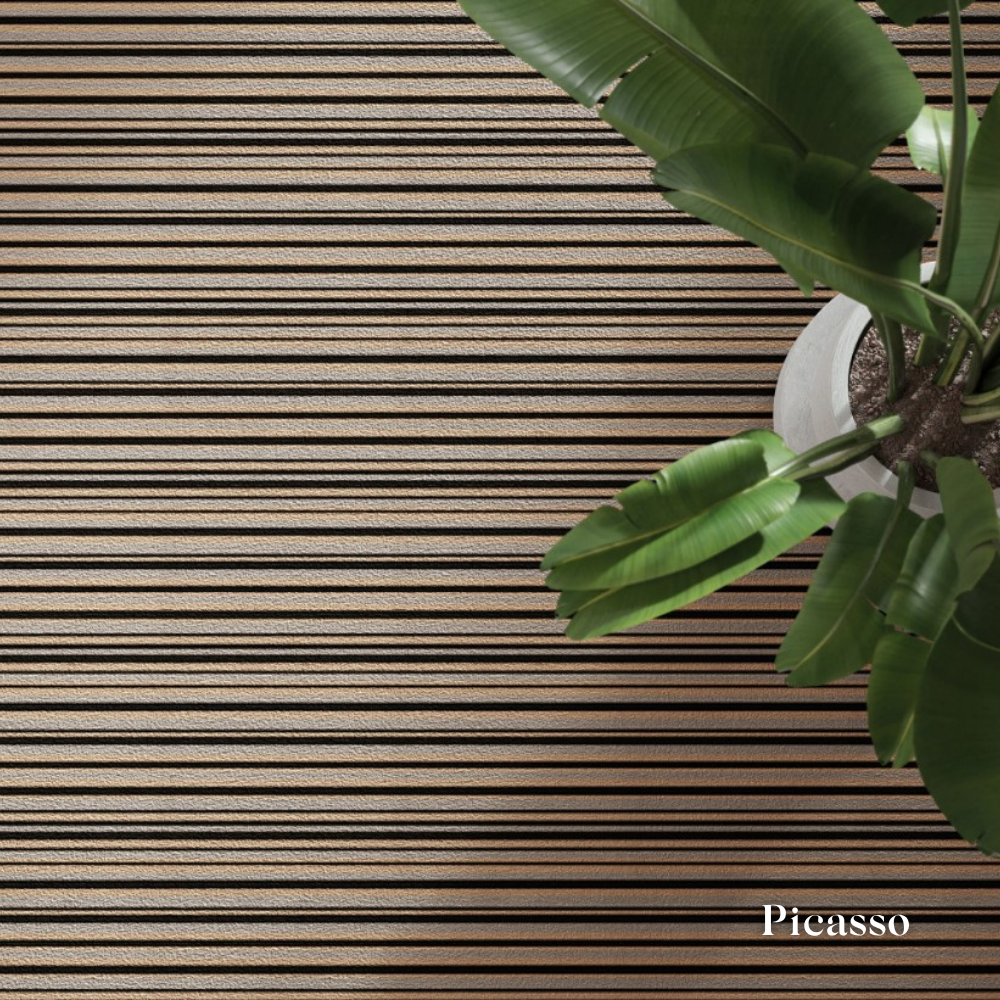 Wooden deck with horizontal slats and a plant in the corner, featuring the brand 'Picasso'.