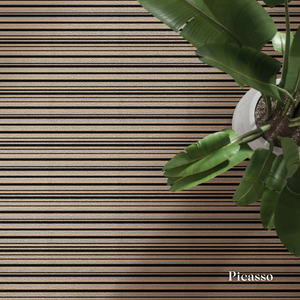 Wooden deck with horizontal slats and a plant in the corner, featuring the brand 'Picasso'.