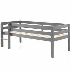 The Pino Kids Mid Sleeper in Grey features a solid pine material, stylish and space saving with under bed clearance and slatted base included