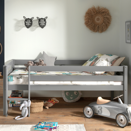 The Pino Kids Mid Sleeper in Grey features a solid pine material, stylish and space saving with under bed clearance and slatted base included