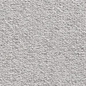 Close-up of gray textured fabric with 'Porcelain' label