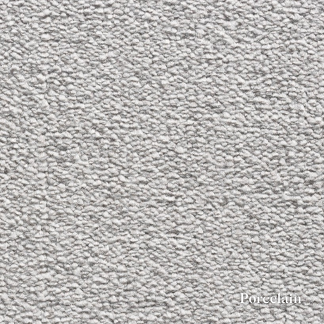 Close-up of gray textured fabric with 'Porcelain' label