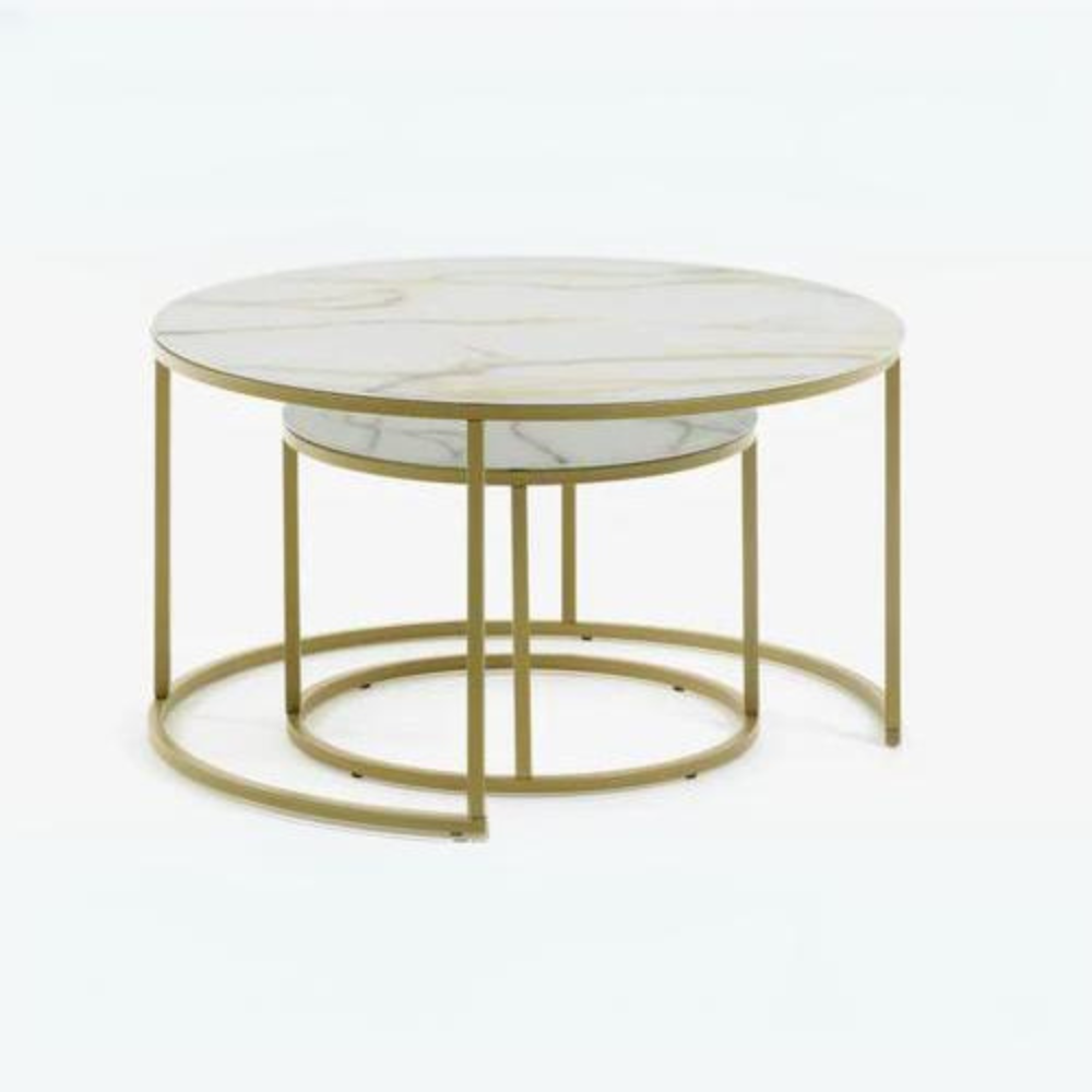 The Portafino Round Coffee Table Set in Kass Gold featuring high-gloss marble-effect tops with brushed gold-effect bases