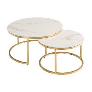 The Portafino Round Coffee Table Set in Kass Gold featuring high-gloss marble-effect tops with brushed gold-effect bases