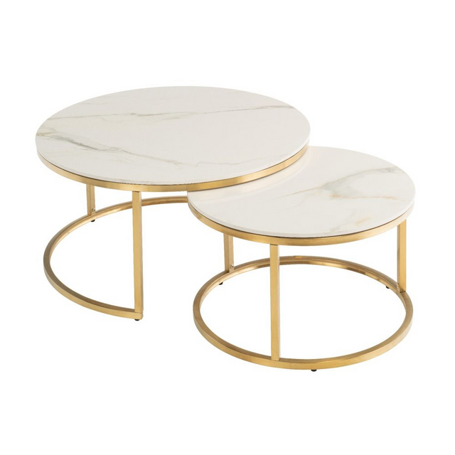 The Portafino Round Coffee Table Set in Kass Gold featuring high-gloss marble-effect tops with brushed gold-effect bases