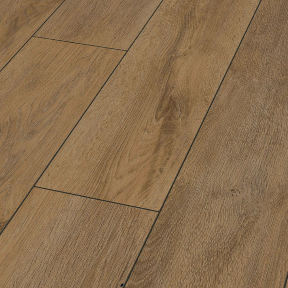 The Premium Oak Brown Laminate Flooring - 12mm, AC5-rated, rich brown oak finish, durable and easy 5G Click install.