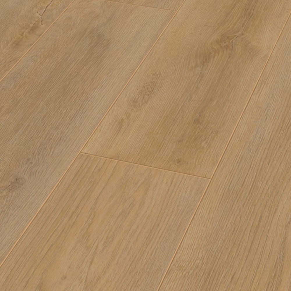 The Premium Oak Natural Laminate Flooring - 12mm features Durable AC5-rated, 4V bevelled edges and easy-to-install Clic system.