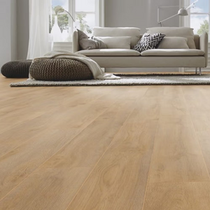 The Premium Oak Natural Laminate Flooring - 12mm features Durable AC5-rated, 4V bevelled edges and easy-to-install Clic system.
