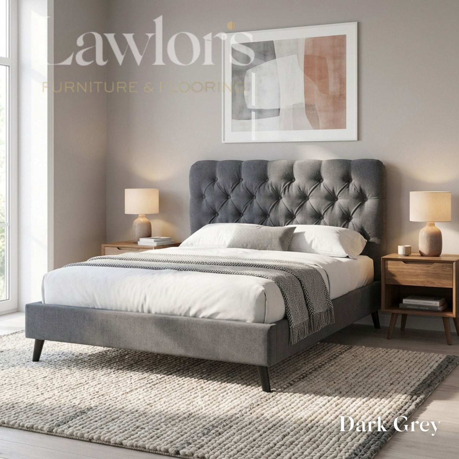 Prescott Bedframe in Dark Grey with plush buttoned headboard, soft fabric base and dark wooden legs.