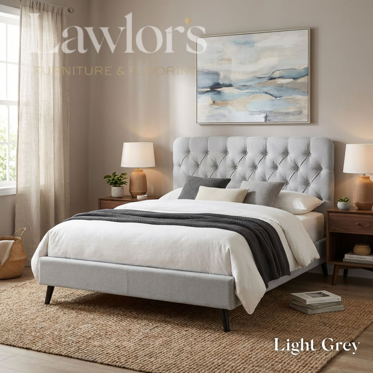 Prescott Bedframe in Light Grey with plush buttoned headboard, soft fabric base and dark wooden legs.