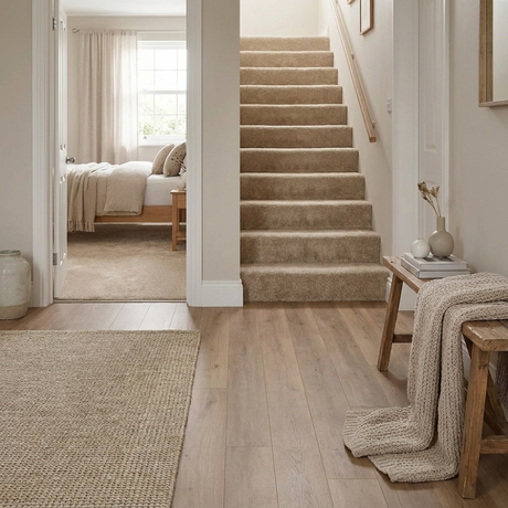 Staircase leading to a bedroom with laminate flooring, carpet and neutral decor.