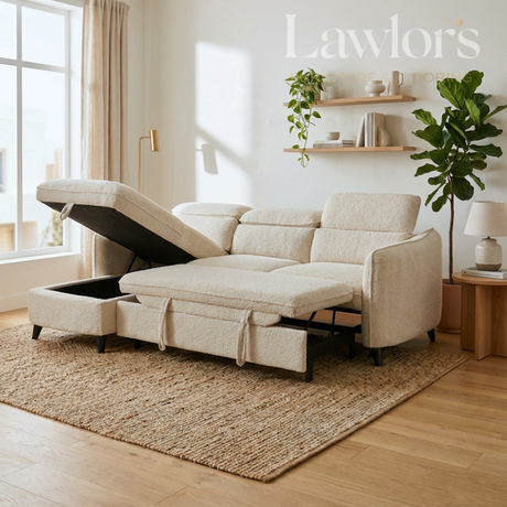 Beige sectional LHF sofa bed with storage compartment in a living room setting
