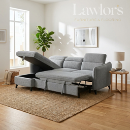 Gray sectional LHF sofa bed with storage drawers in a living room setting