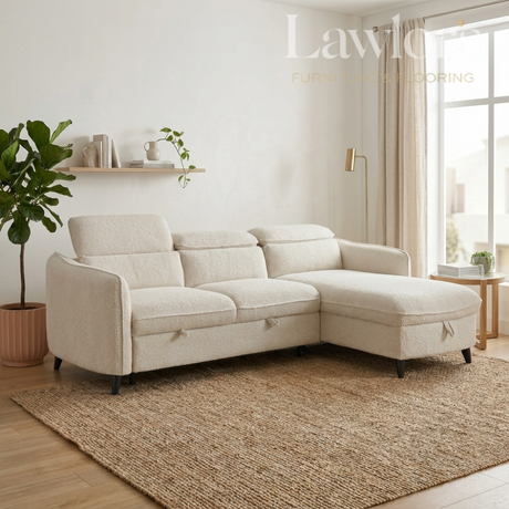 Beige sectional RHF sofa bed in a living room