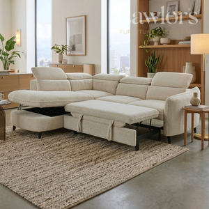 Beige sectional LHF corner sofa bed with storage ottoman in a living room setting