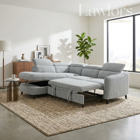 Grey sectional LHF corner sofa bed with storage ottoman in a modern living room