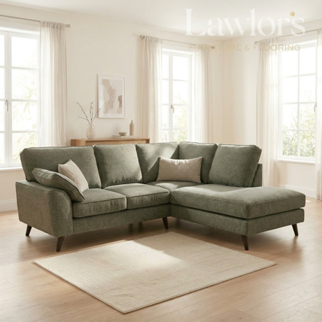 Green RHF Corner Chaise sofa in a living room