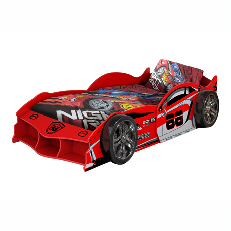 VIPACK Race Car Bed in Red is a bed for kids featuring a slatted base, lacquered MDF & bold car design, perfect for racing dreams and fun filled bedtimes