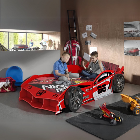 VIPACK Race Car Bed in Red is a bed for kids featuring a slatted base, lacquered MDF & bold car design, perfect for racing dreams and fun filled bedtimes