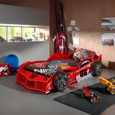 VIPACK Race Car Bed in Red is a bed for kids featuring a slatted base, lacquered MDF & bold car design, perfect for racing dreams and fun filled bedtimes