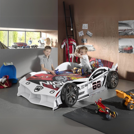 VIPACK Race Car Bed in White is a bed for kids featuring a slatted base, lacquered MDF & bold car design, perfect for racing dreams and fun filled bedtimes
