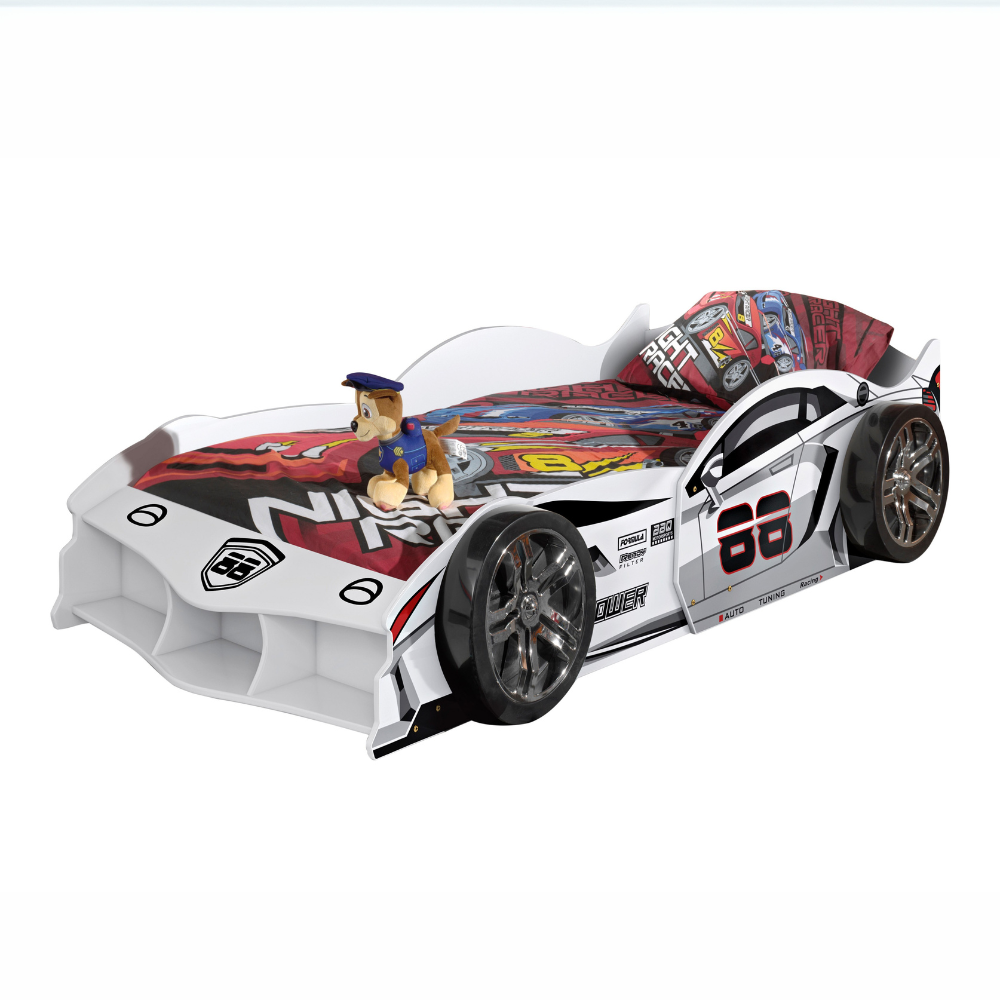 VIPACK Race Car Bed in White is a bed for kids featuring a slatted base, lacquered MDF & bold car design, perfect for racing dreams and fun filled bedtimes