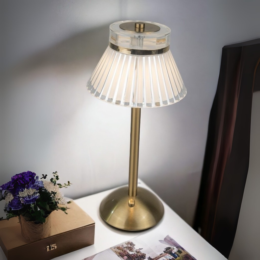 The Rechargeable LED Table Lamp 33cm in Gold base & Crystal shade features 3 light tones, a built in USB port & a compact 33cm design for any modern space