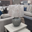 The Rina Ceramic Table Lamp features a green geometric ceramic base and beige fabric shade, a modern design that adds elegance and warmth