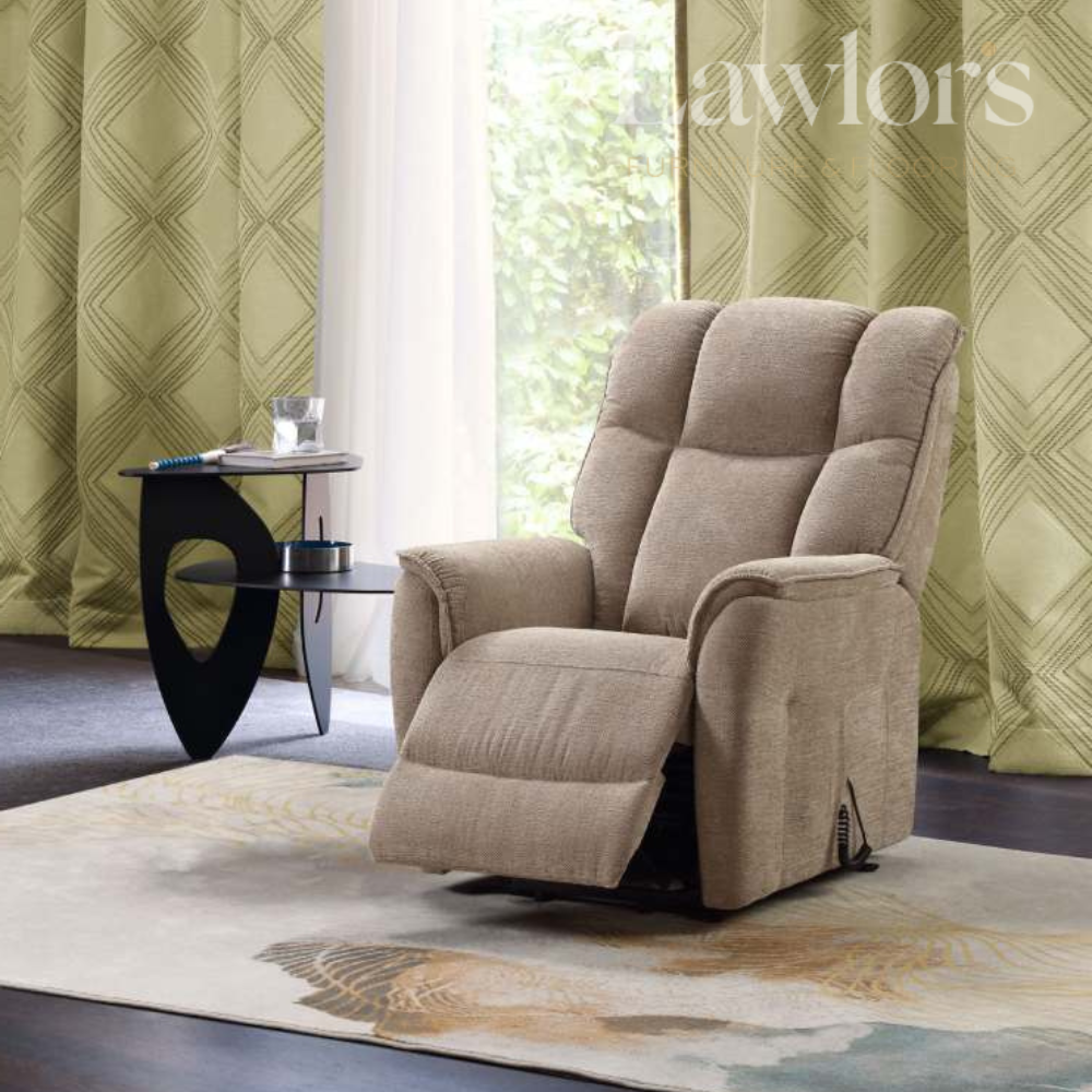Beige lift & rise recliner chair in a room with green curtains and a small table.