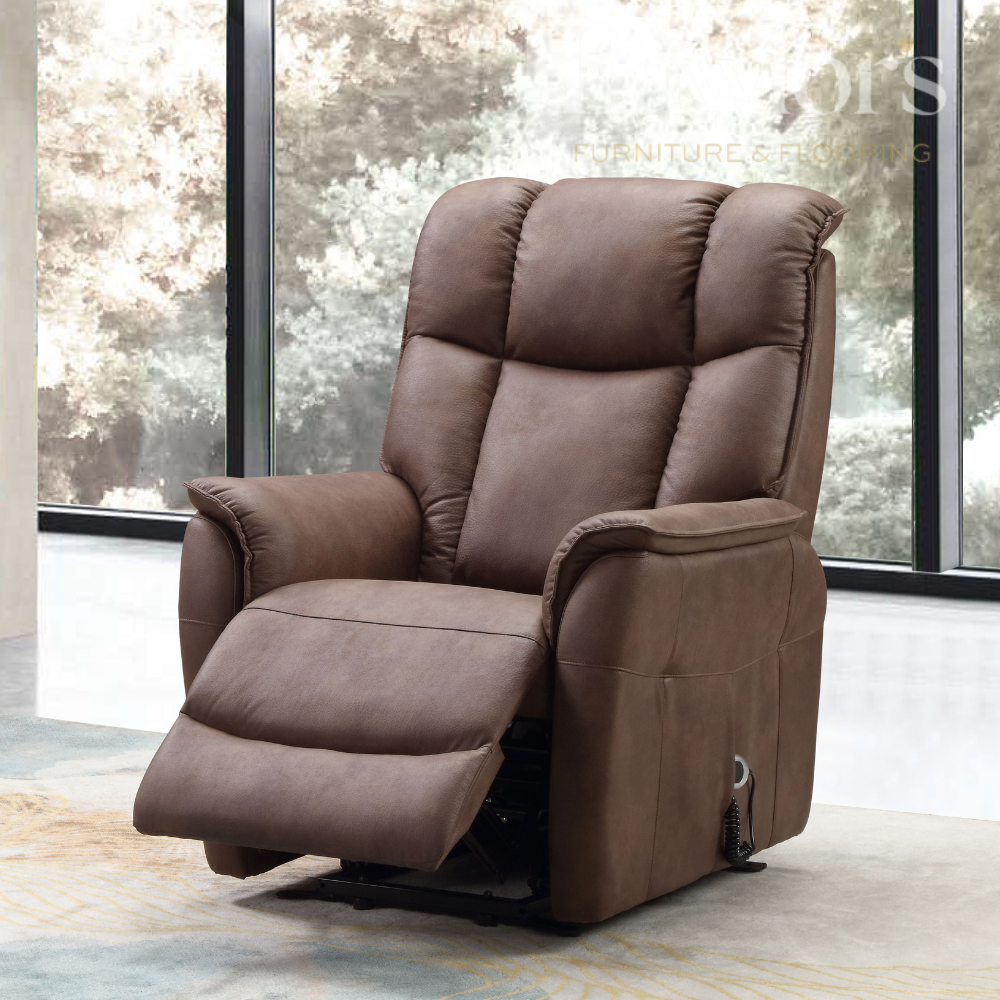 Brown lift & rise recliner chair in a room with large windows