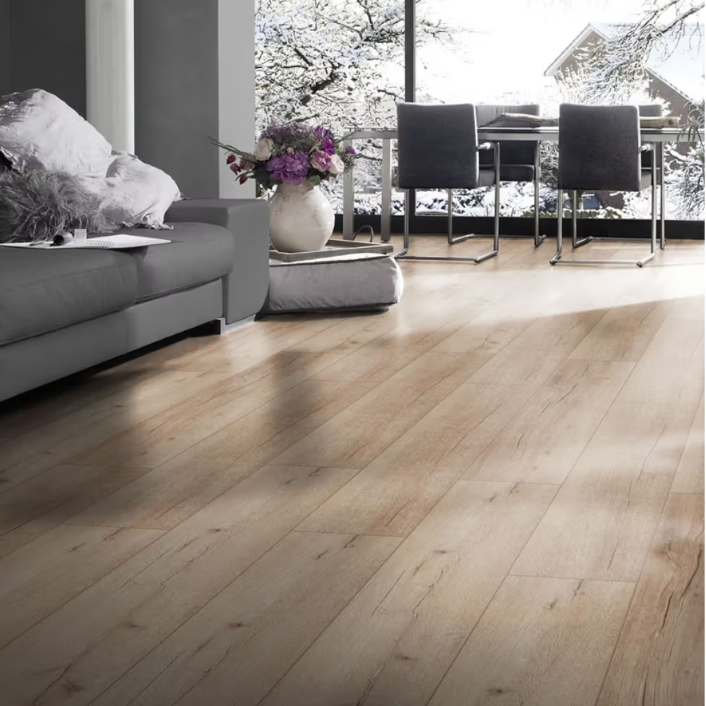 The Rip Natural Robusto Laminate Flooring - 12mm features AC5-rated, Matrix finish, beige-brown tone and 5G Click System.