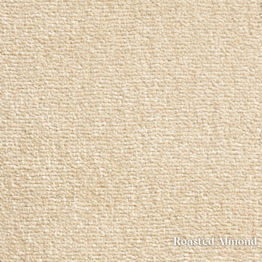 Textured beige fabric swatch labeled 'Roasted Almond'