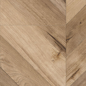 Rochesta Oak Laminate Flooring 8mm in chevron style featuring AC4 durability, easy installation, and a warm rustic oak finish.