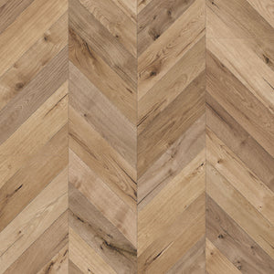 Rochesta Oak Laminate Flooring 8mm in chevron style featuring AC4 durability, easy installation, and a warm rustic oak finish.