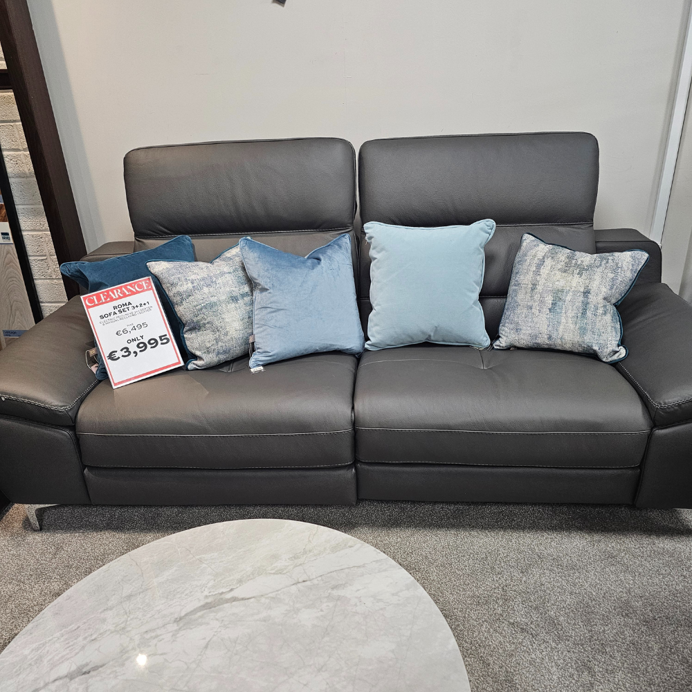The Roma Electric Recliner Sofa Set (3+2+1) in Grey offers electric reclining, high-quality Italian leather, classic style