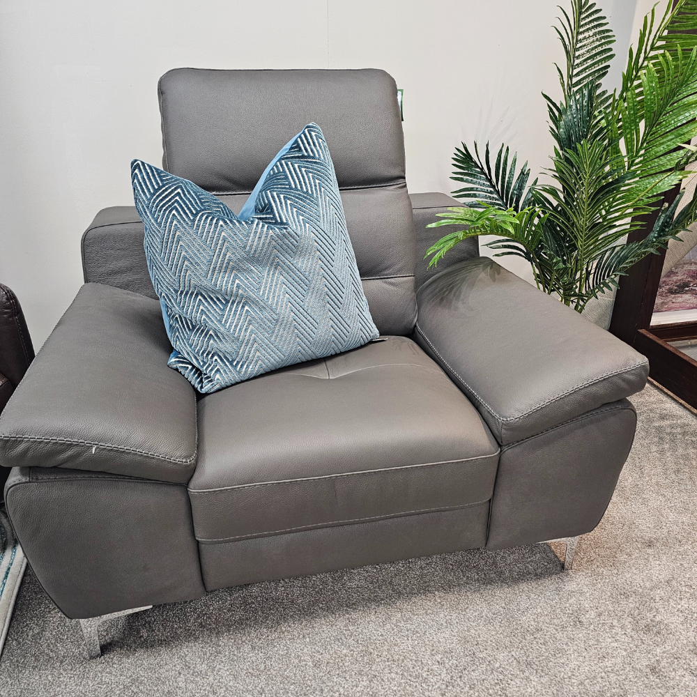 The Roma Electric Recliner Sofa Set (3+2+1) in Grey offers electric reclining, high-quality Italian leather, classic style